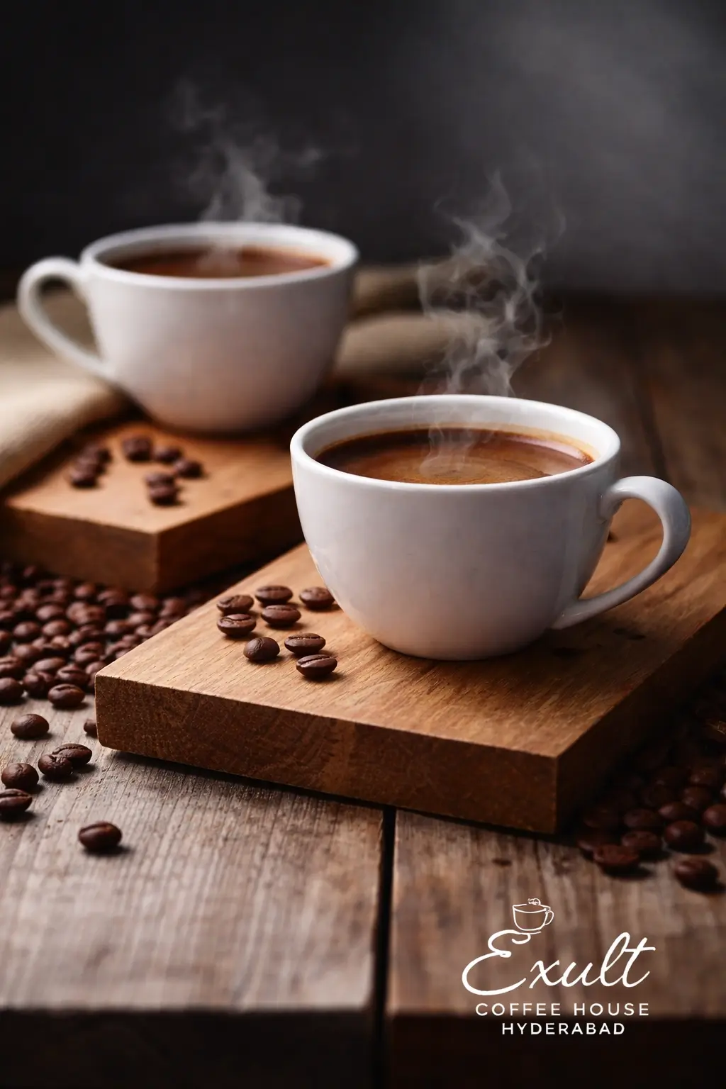 Two steaming white coffee cups on wooden boards with coffee beans, shot from a right-side angle with Exult Coffee House Hyderabad watermark.