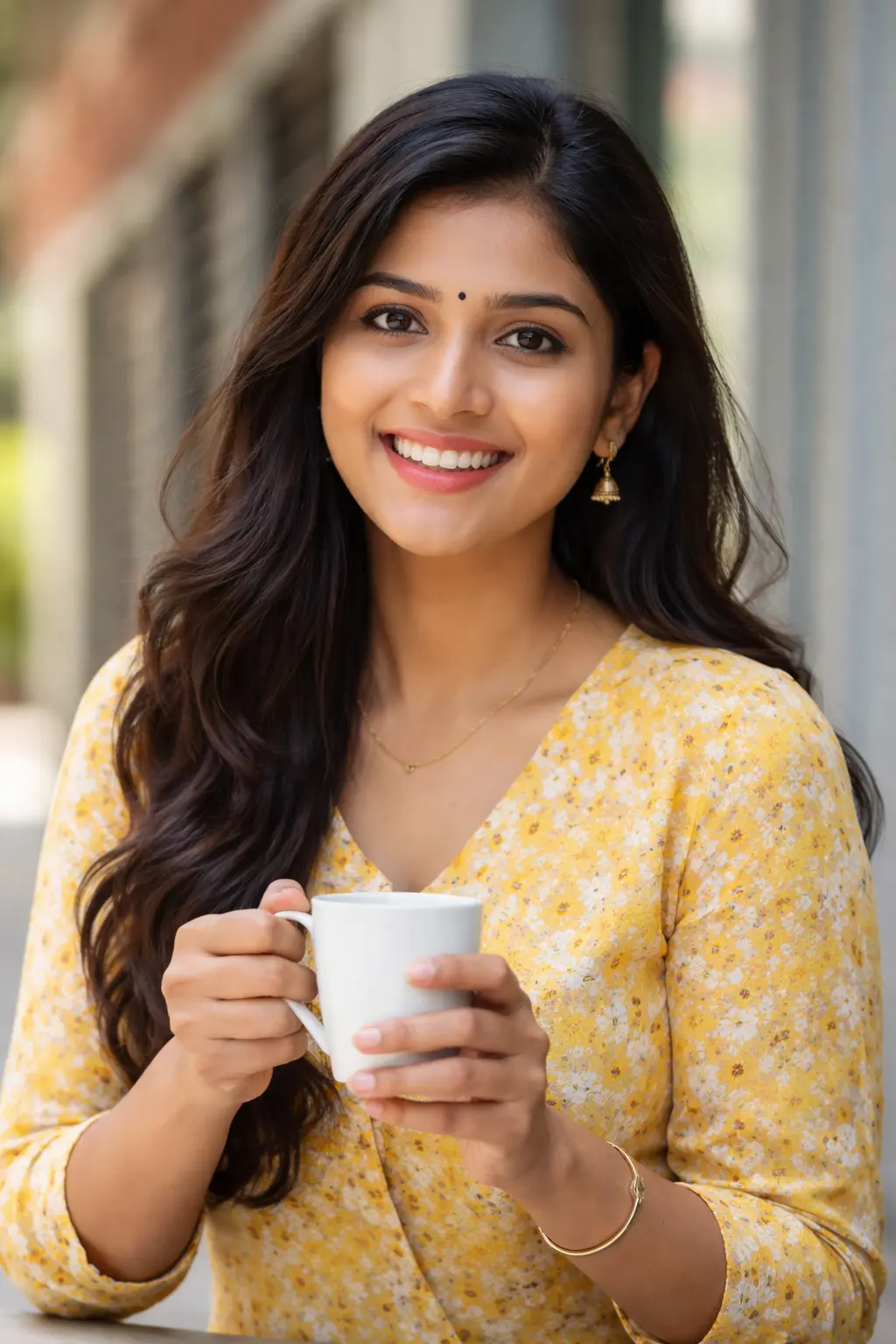 Andhra woman smiling and holding a coffee cup at Exult Coffee House Hyderabad with a cozy café background.